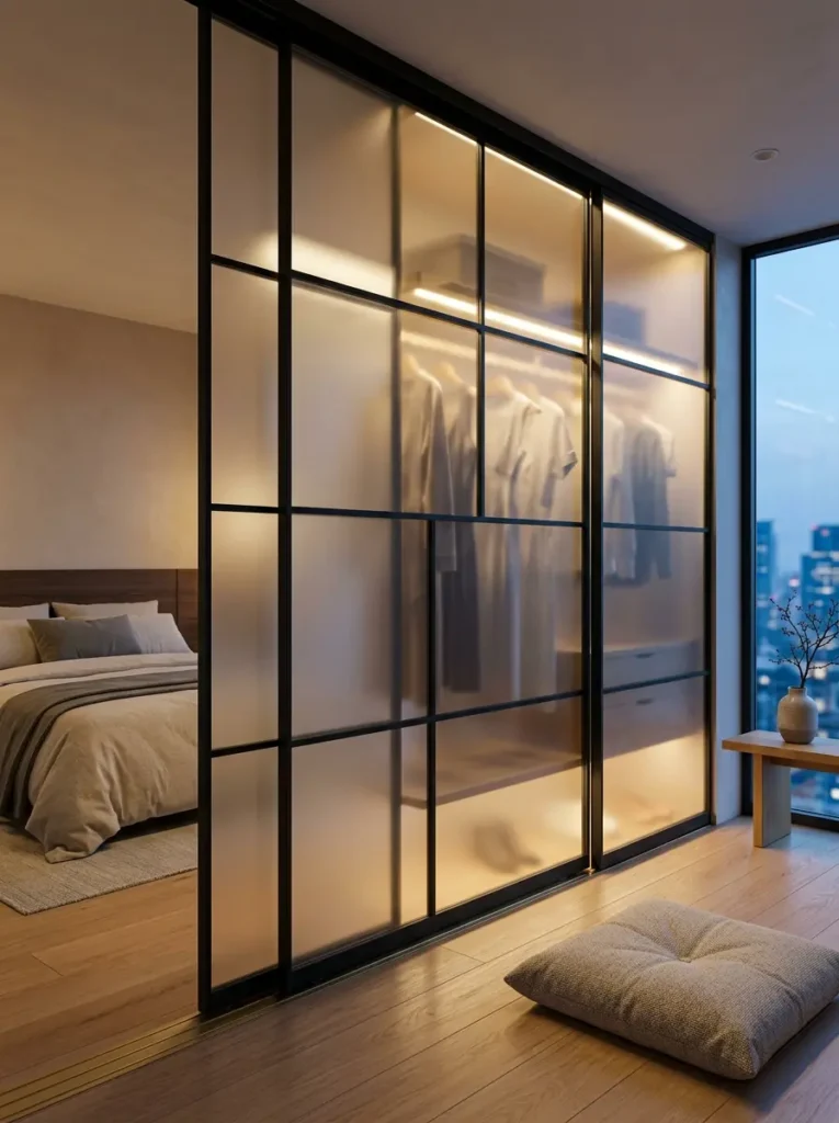 Translucent glass sliding doors with black metal framing hiding a closet