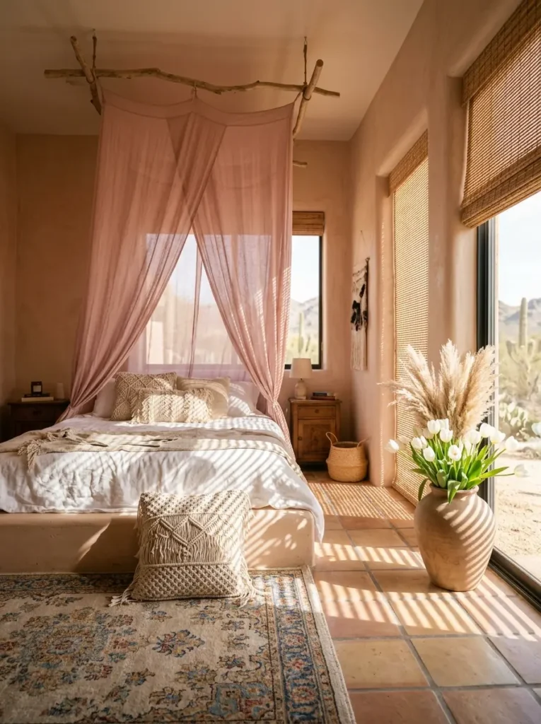 Adobe bedroom with terracotta tiles a dusty rose fabric canopy and a large clay vase holding white tulips and pampas grass