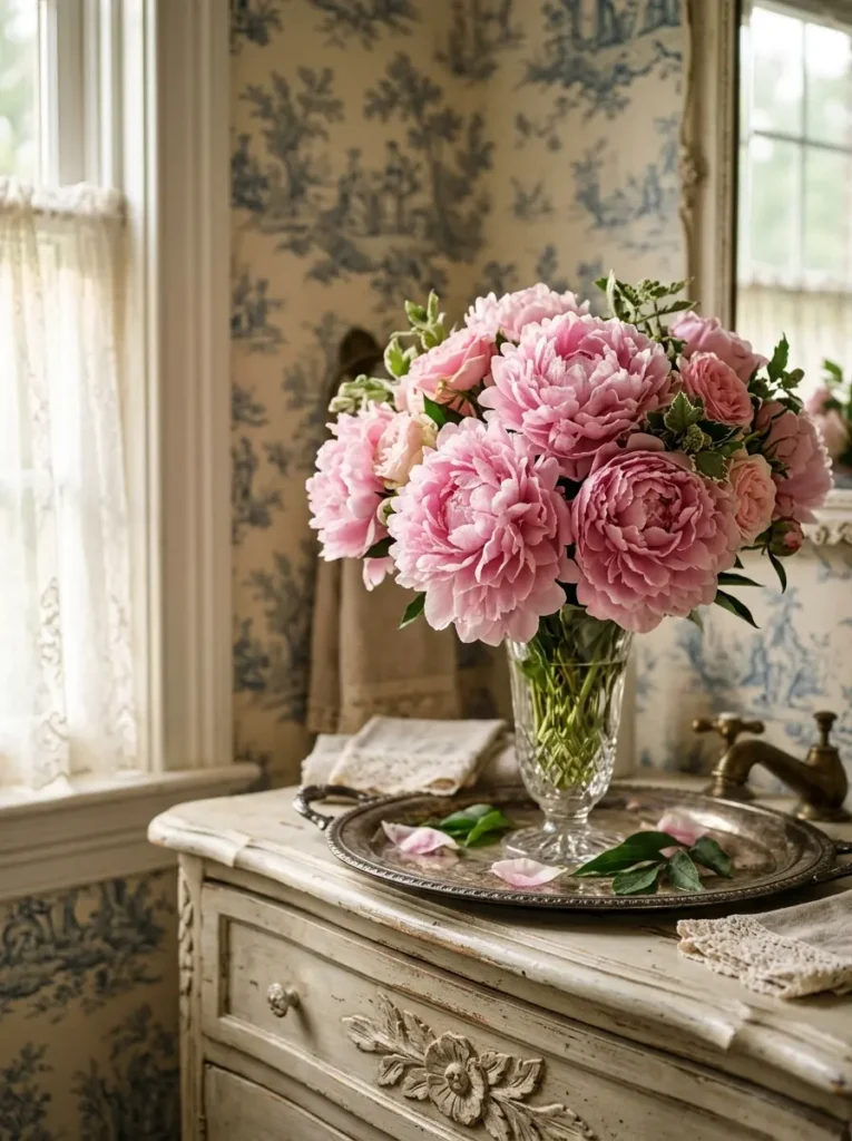 A weathered white wooden dresser used as a vanity with a large bouquet of pink peonies.