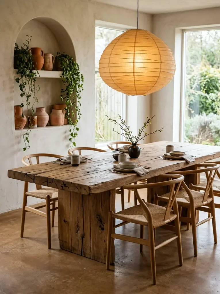 Thick reclaimed wood dining table with wishbone chairs and a paper pendant light.