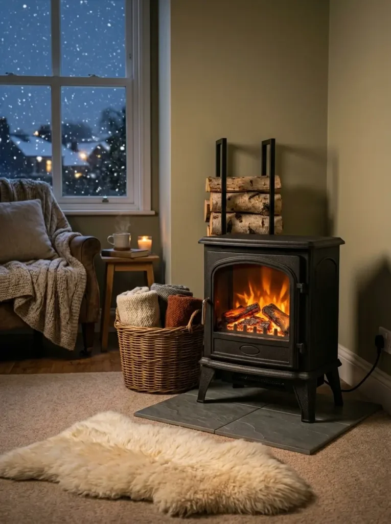 Black electric stove heater with glowing faux logs in a cozy corner