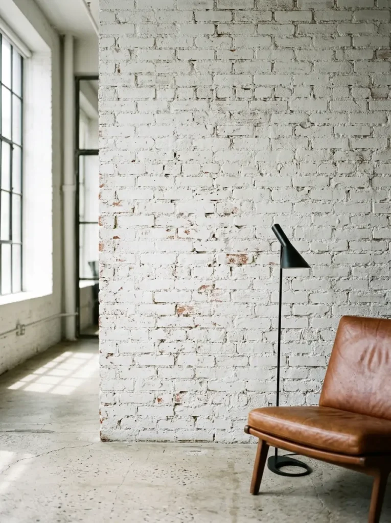 Thick white lime paint covers a rough brick wall behind a leather chair
