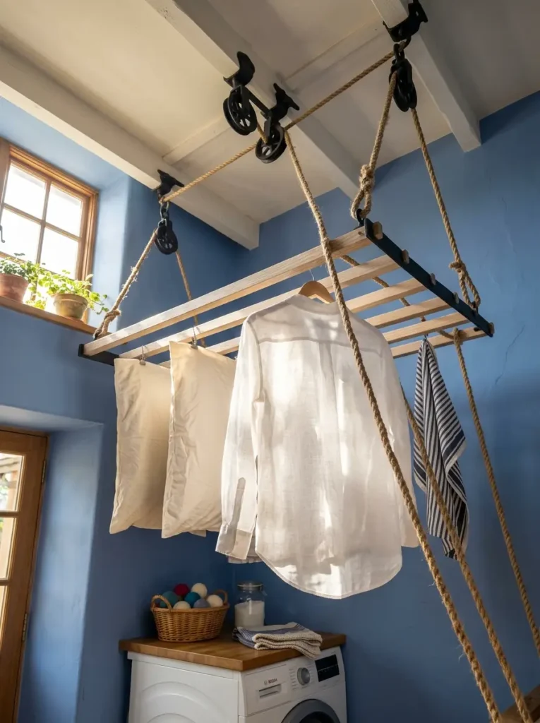 Wooden slatted laundry drying rack suspended from a blue ceiling by thick ropes and pulleys.