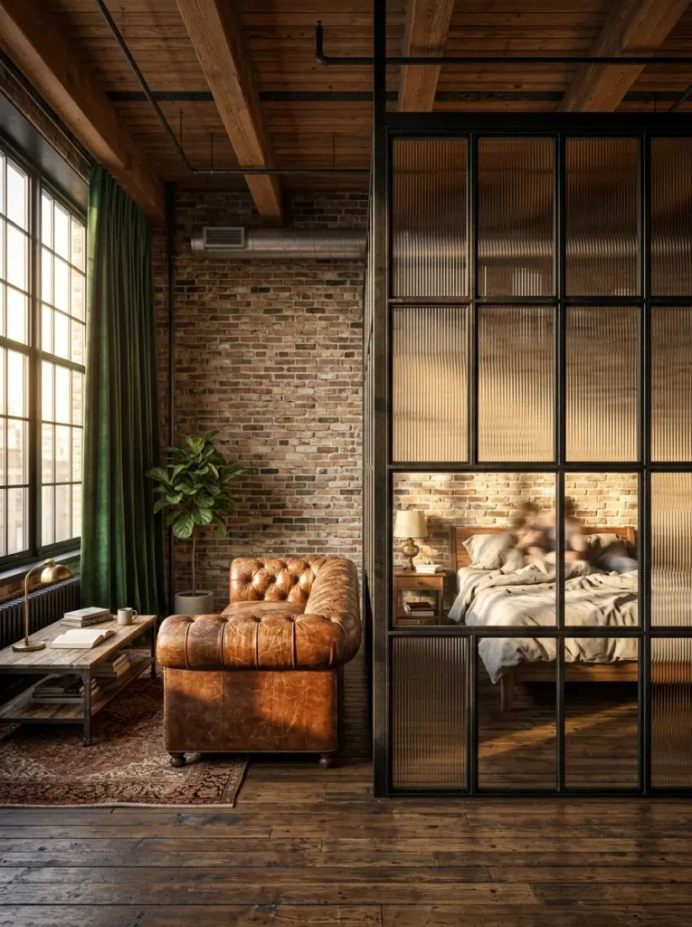 Fluted Glass Partition Black metal framed fluted glass partition separating a bedroom from a living room with an exposed brick wall.