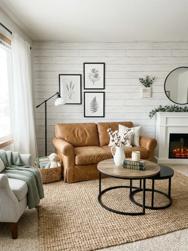 Curved white modern couch facing living green plant wall and clear glass table on circular green moss rug