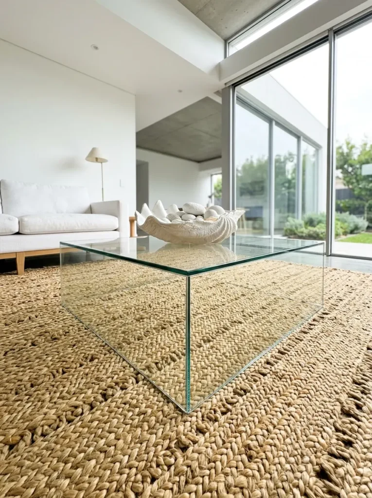 Modern clear box coffee table with large shell centerpiece.
