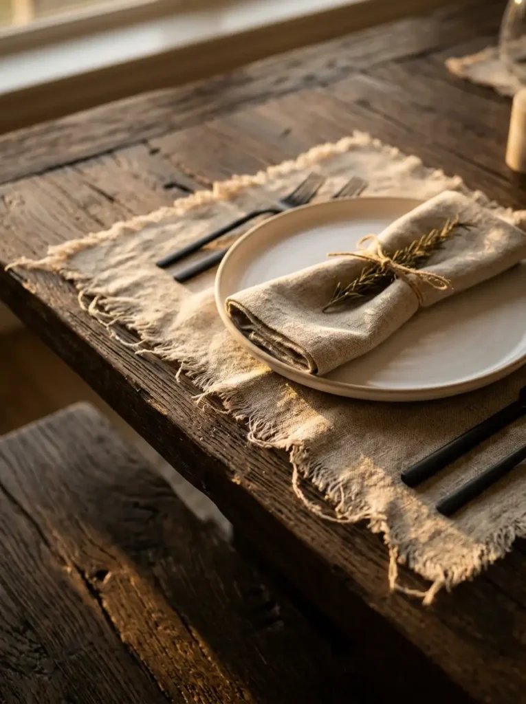Raw Edge Linen Table Placemat Raw edge beige linen placemat and napkin styled with a sprig of rosemary on a wooden table.