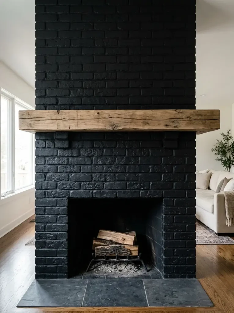 Matte Black Painted Fireplace | StylishGalore Brick fireplace painted matte black with a thick reclaimed wood mantle in a living room