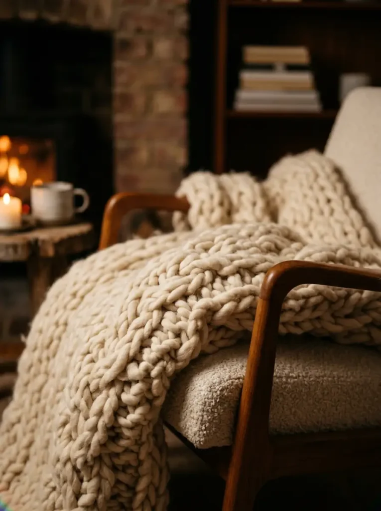 Chunky Knit Throw Blanket Cream colored chunky knit wool throw blanket resting on a modern armchair near a lit fireplace.