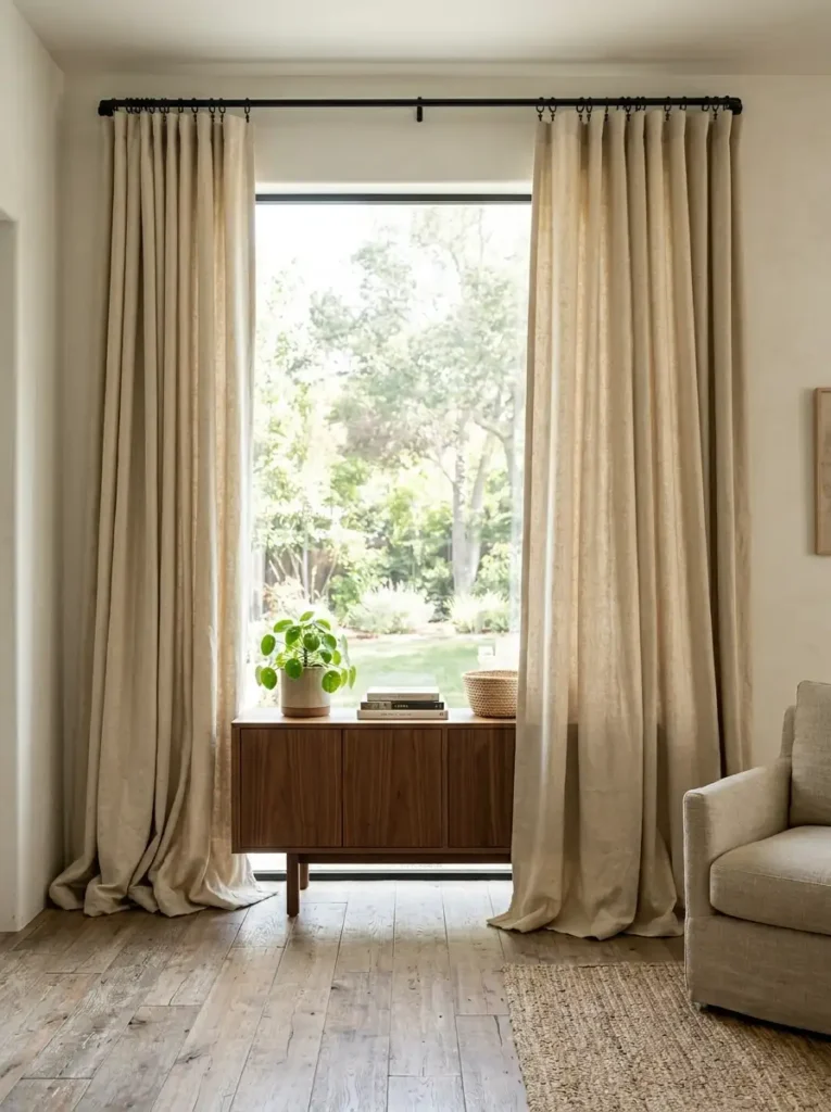 Pooling Floor Length Linen Curtains Extra long heavy linen window curtains hanging from a black rod and pooling on a rustic wood floor