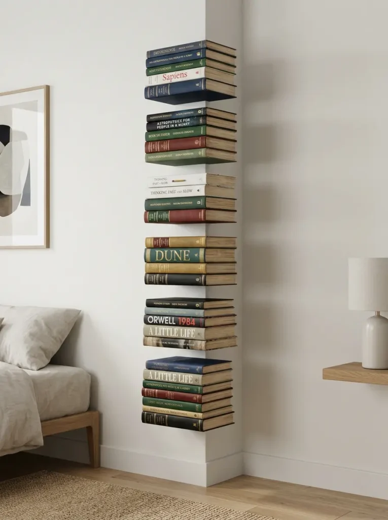 Colorful hardcover books stacked vertically in a room corner appearing to float without shelves.