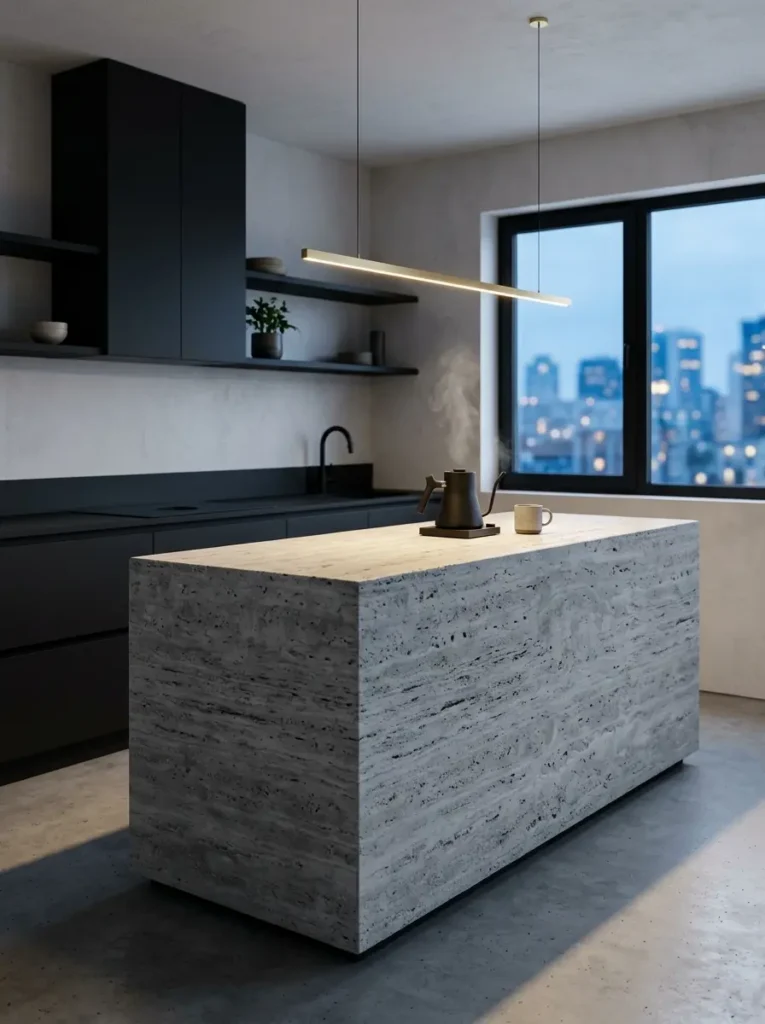 Rectangular monolithic travertine stone island in a dark modern kitchen