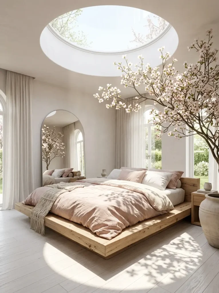 Low wooden bed with blush pink linens positioned under a massive round skylight with indoor blooming spring branches