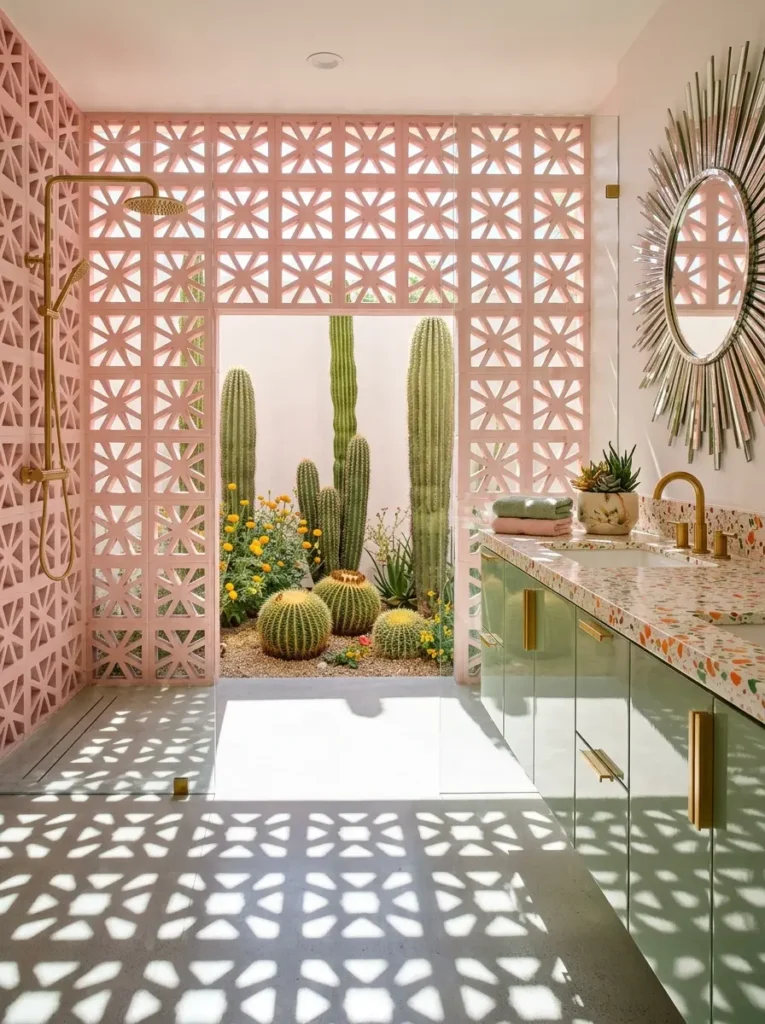 Pink geometric breeze block walls looking out at an outdoor cactus garden.