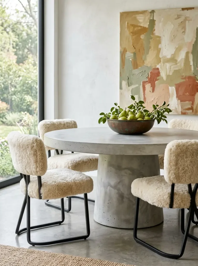 Cream shearling dining chairs around a round concrete pedestal table with pears.