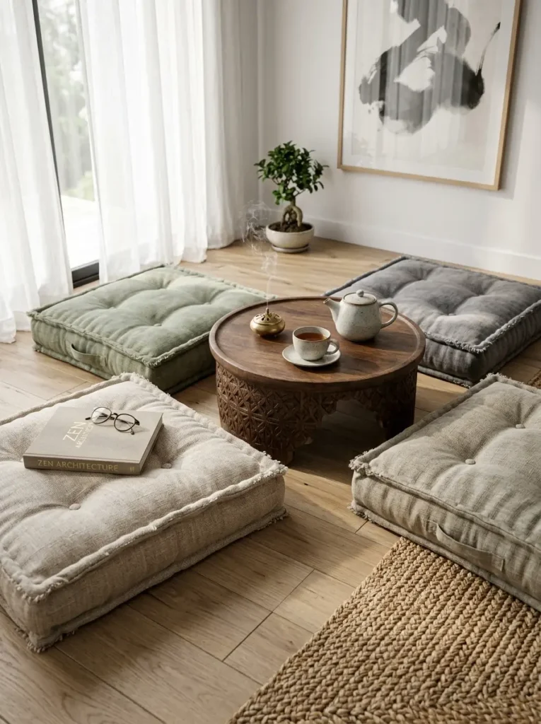 Four large tufted floor cushions arranged around a low wooden coffee table