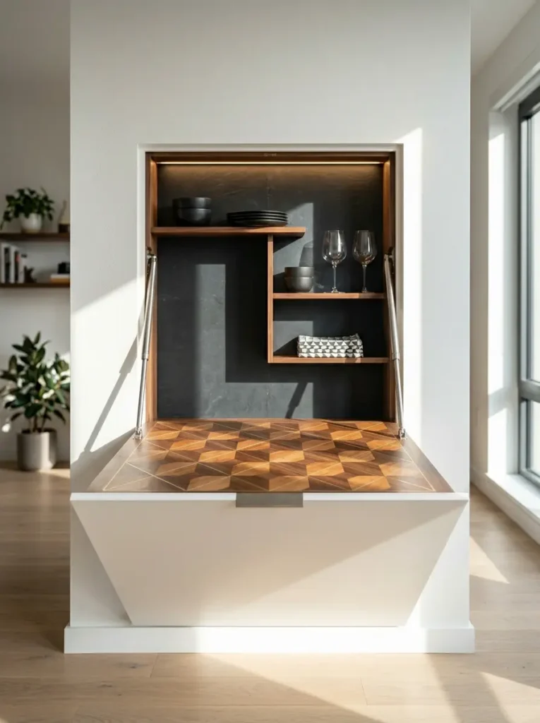 Geometric wood table folds down from a dark slate wall recess
