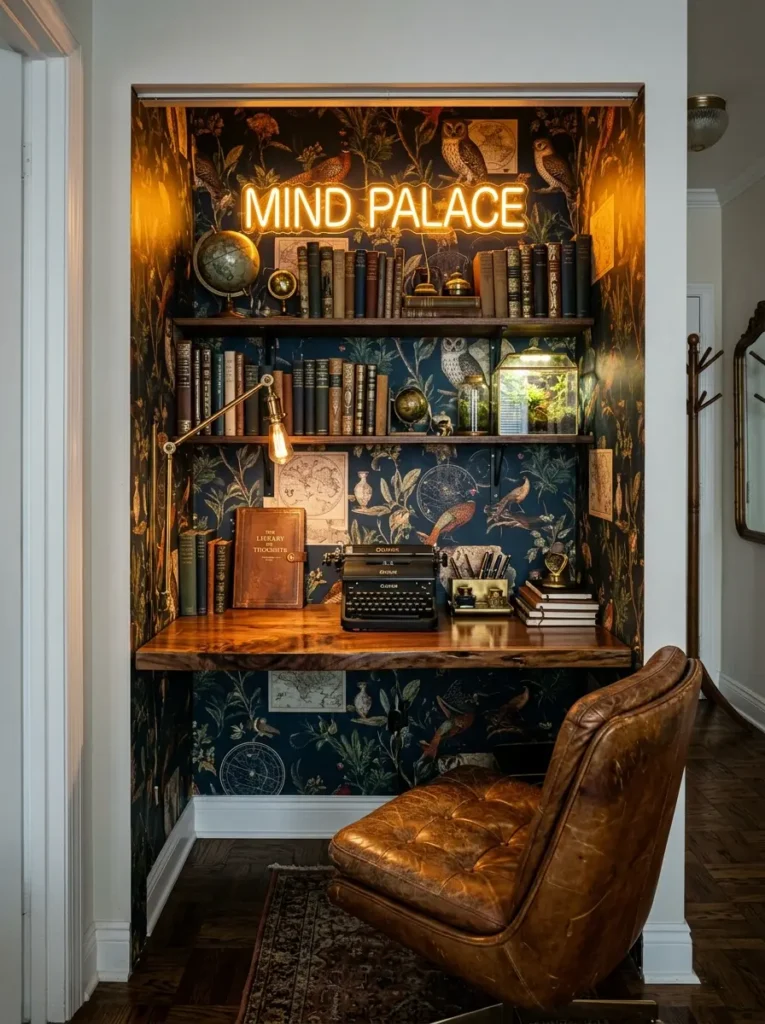 Small closet converted into a home office with botanical wallpaper and a neon sign.