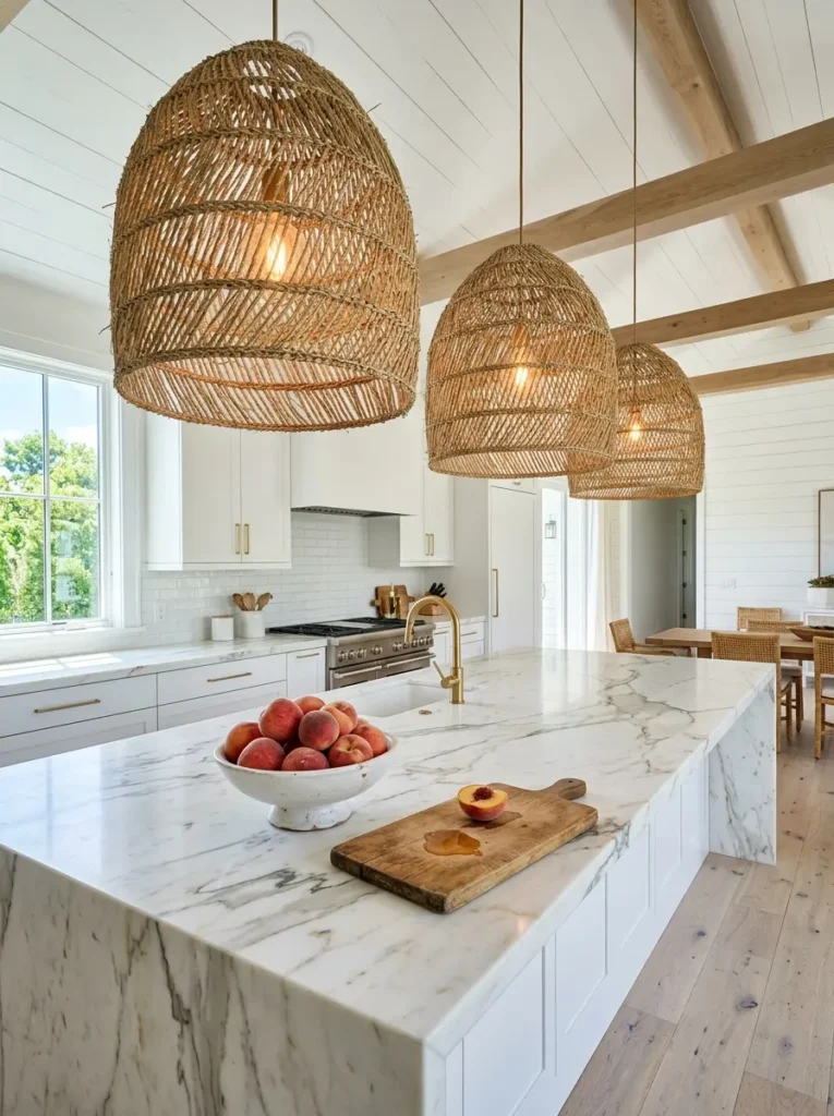 Three woven rope pendant lights over a marble countertop.