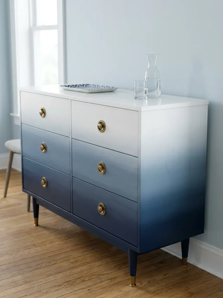 Mid century modern dresser painted in a dark navy to crisp white ombre gradient