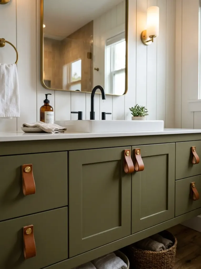 Leather Strap Cabinet Pulls Bathroom vanity cabinets painted olive green featuring custom brown leather strap drawer pulls.