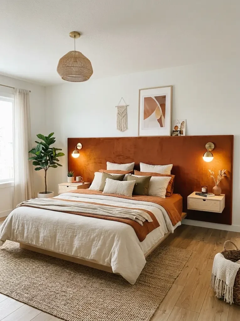 Extended Velvet Headboard | StylishGalore Custom rust colored velvet headboard stretching across a white bedroom wall with brass sconces