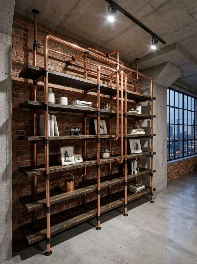 Industrial Copper Pipe Shelving Tall storage shelving unit constructed from polished copper piping and dark stained wood planks against a brick wall.