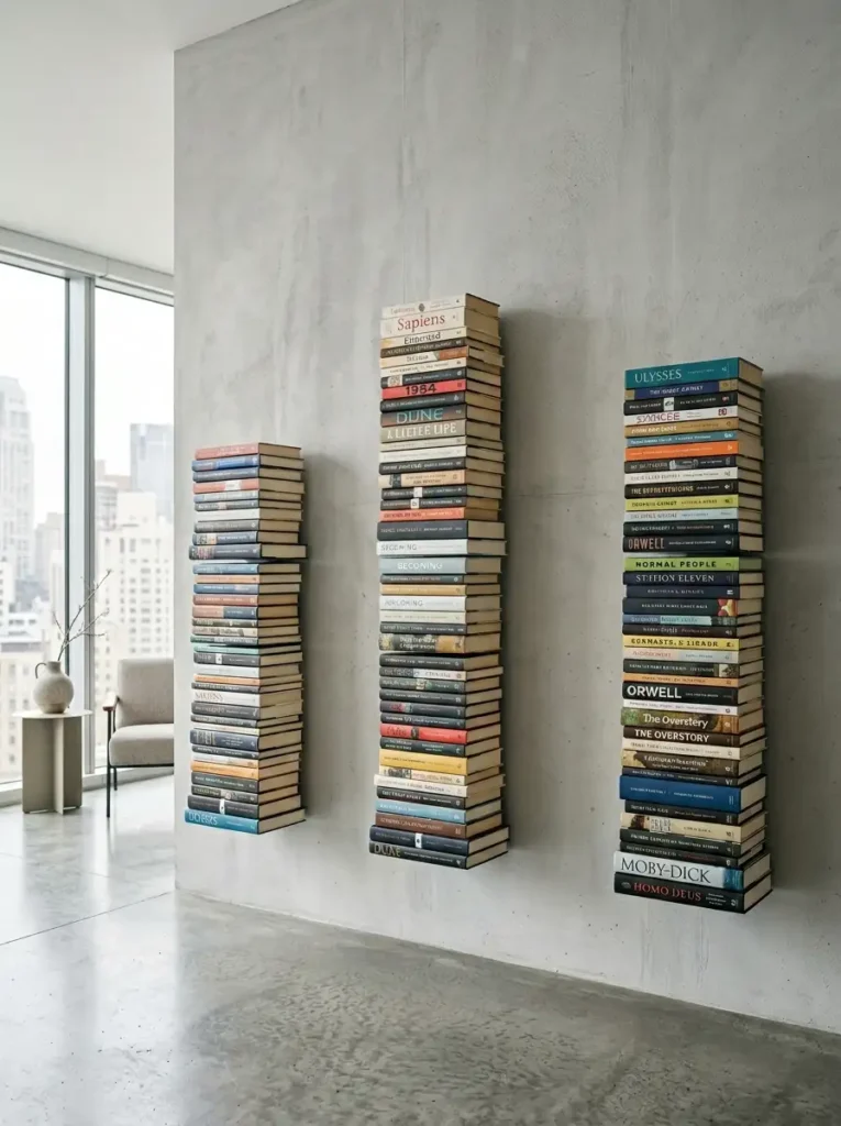 Invisible Floating Book Stacks Three tall vertical stacks of colorful books mounted on hidden wall brackets appearing to float in mid air