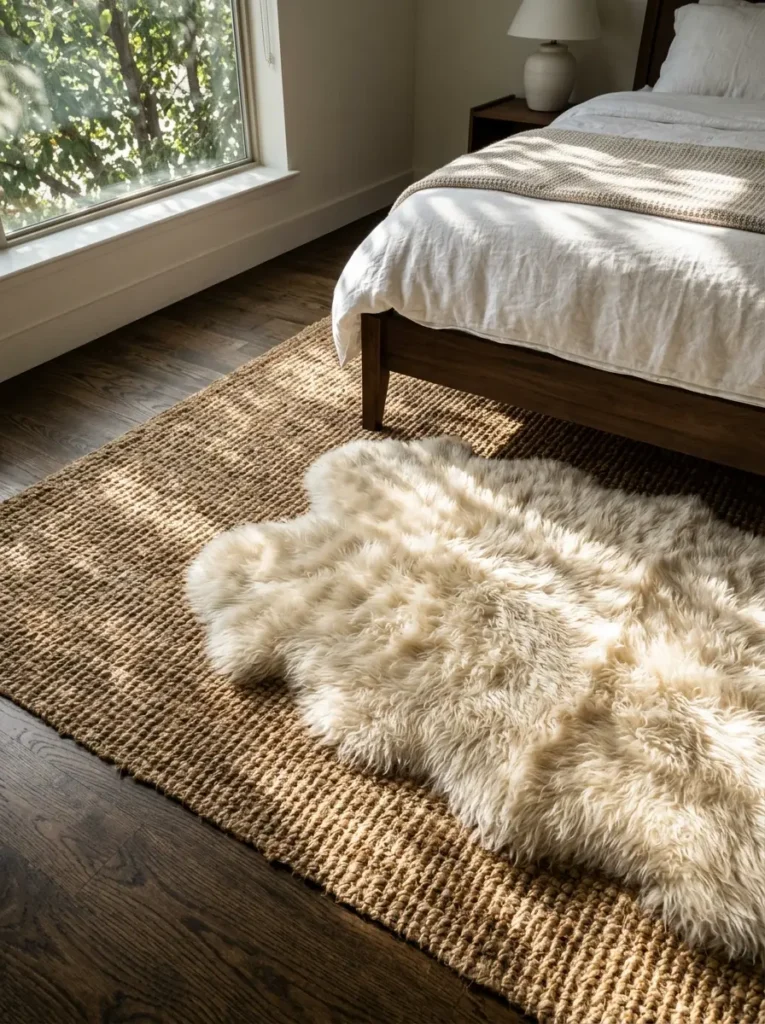 Fluffy white faux sheepskin rug layered diagonally over a large woven jute area rug.
