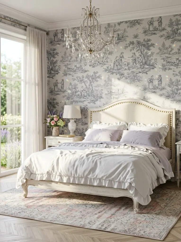 Upholstered white bed against grey scenic toile wallpaper with a sparkling crystal chandelier and open doors to a spring garden