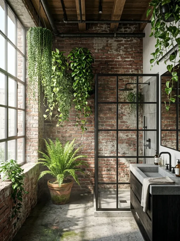 Exposed red brick walls with hanging pothos plants and a large fern in a pot.