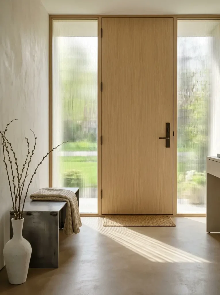 Modern light oak front door featuring tall ribbed glass side panels and sunbeams.