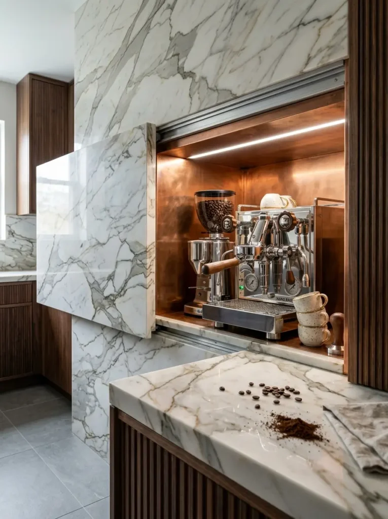 Marble kitchen backsplash slides open to reveal a hidden coffee machine