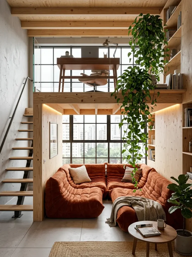 Rust colored modular seating in a sunken area beneath a raised wooden loft office.