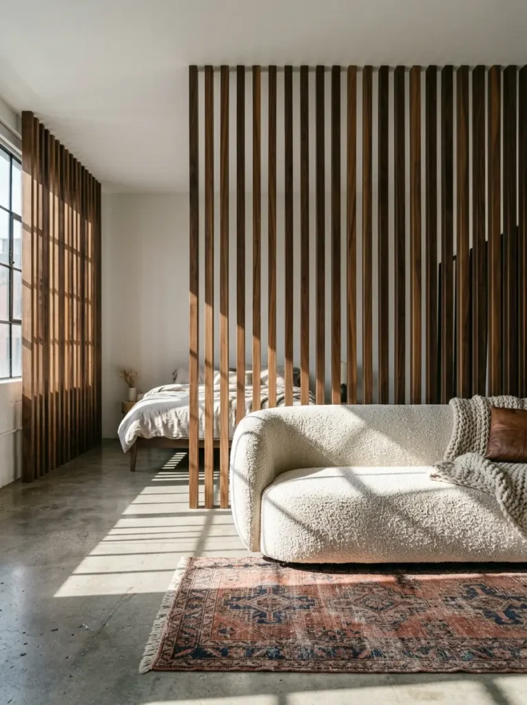 Vertical Wood Slat Divider Floor to ceiling vertical wood slats dividing a bedroom from a living room with a white boucle sofa.