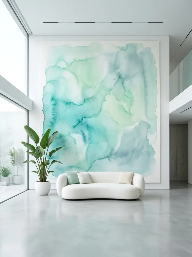 Large watercolor mural in shades of green and blue behind a sofa.