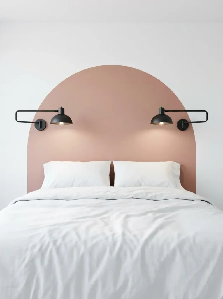 Large pink painted arch acting as a headboard behind a bed with white linens