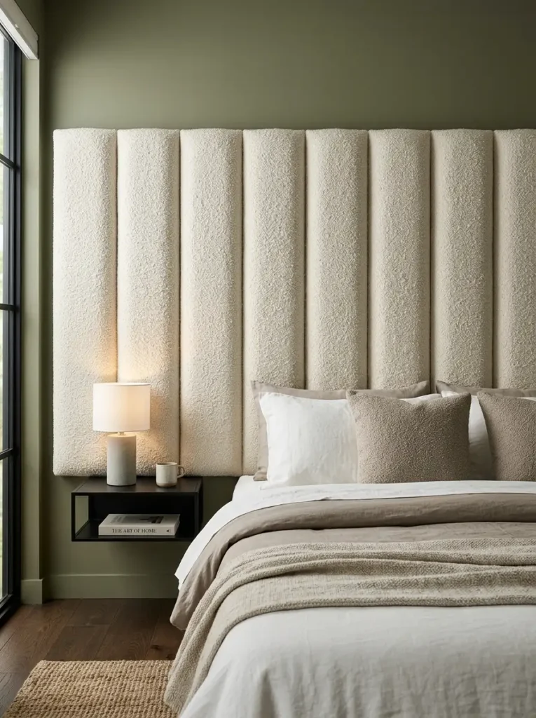Channel Tufted Cream Fabric Headboard Tall channel tufted headboard made of cream fabric panels against an olive green bedroom wall.