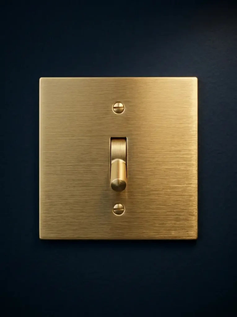 Solid Brass Switch Plate | StylishGalore Solid brushed brass light switch plate and toggle mounted on a dark navy blue wall