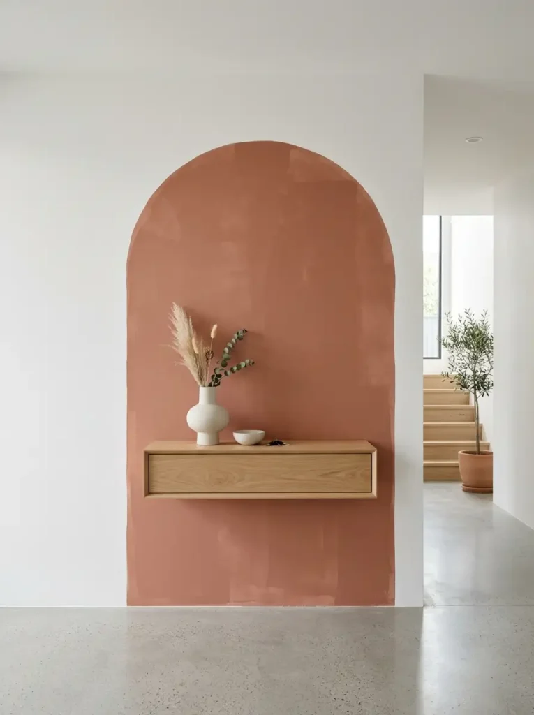 Entryway Painted Arch Focus Foyer featuring a warm terracotta painted wall arch behind a light oak floating drawer unit.