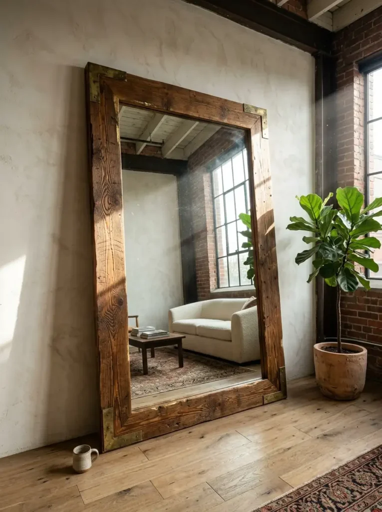 Oversized Reclaimed Wood Floor Mirror Massive floor mirror with a thick reclaimed wood frame leaning against a wall next to a fig tree