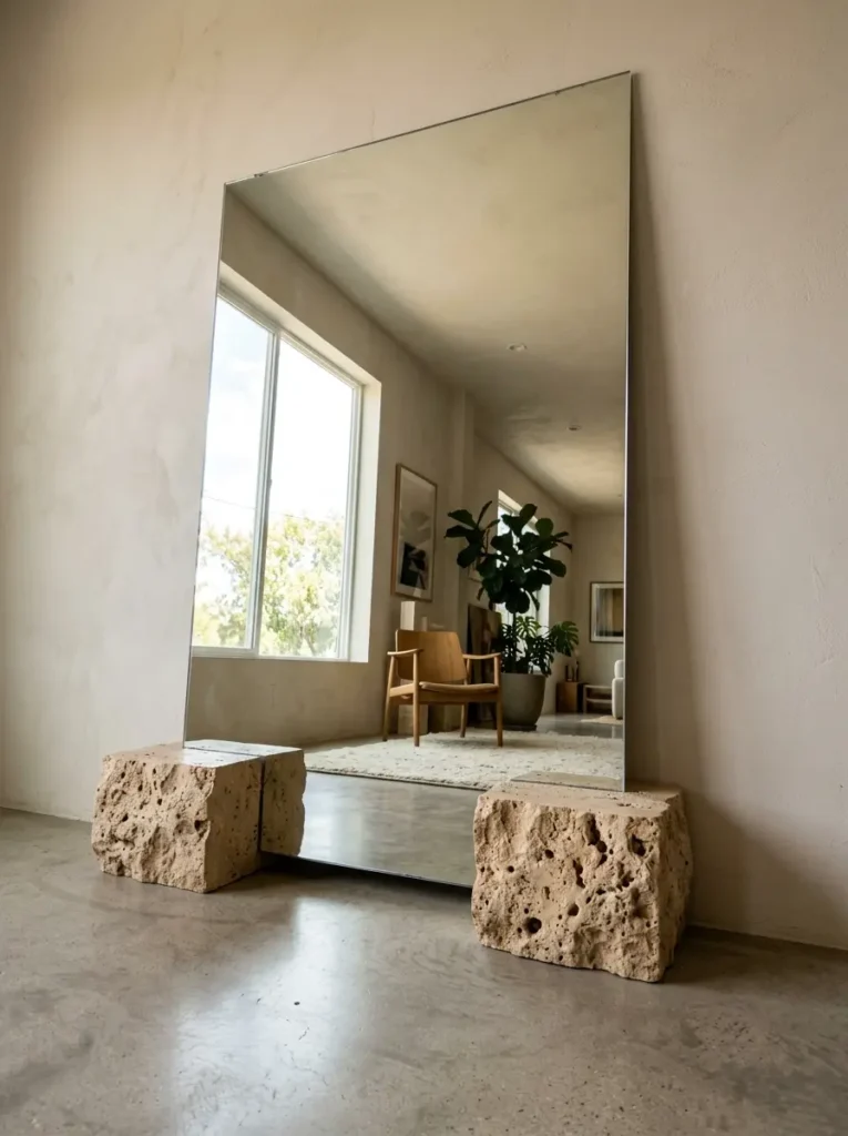 Large frameless floor mirror held upright by two chunky blocks of raw porous tan stone.
