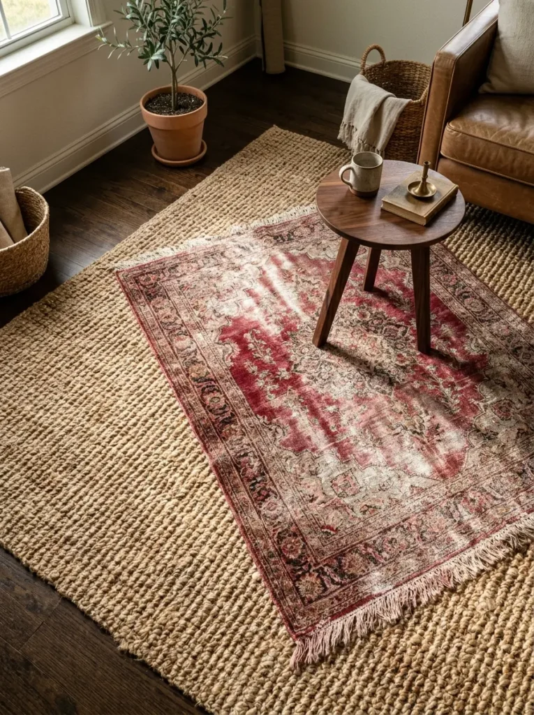 Vintage patterned red rug layered over a large natural jute rug