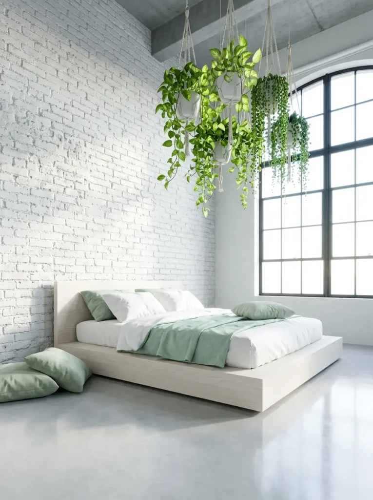 Low floor bed with pale green sheets under a canopy of lush green plants hanging from a white painted brick ceiling