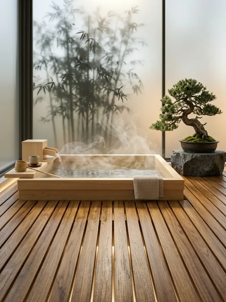 A Japanese style wooden soaking tub on a slatted floor with a bonsai tree.