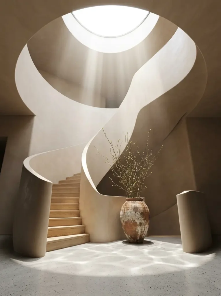 Sweeping curved plaster staircase illuminated by a circular skylight above a clay pot.