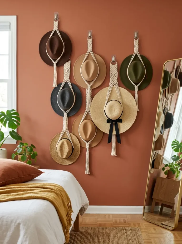 Multiple wide brimmed hats hanging from macrame cords on a terracotta wall