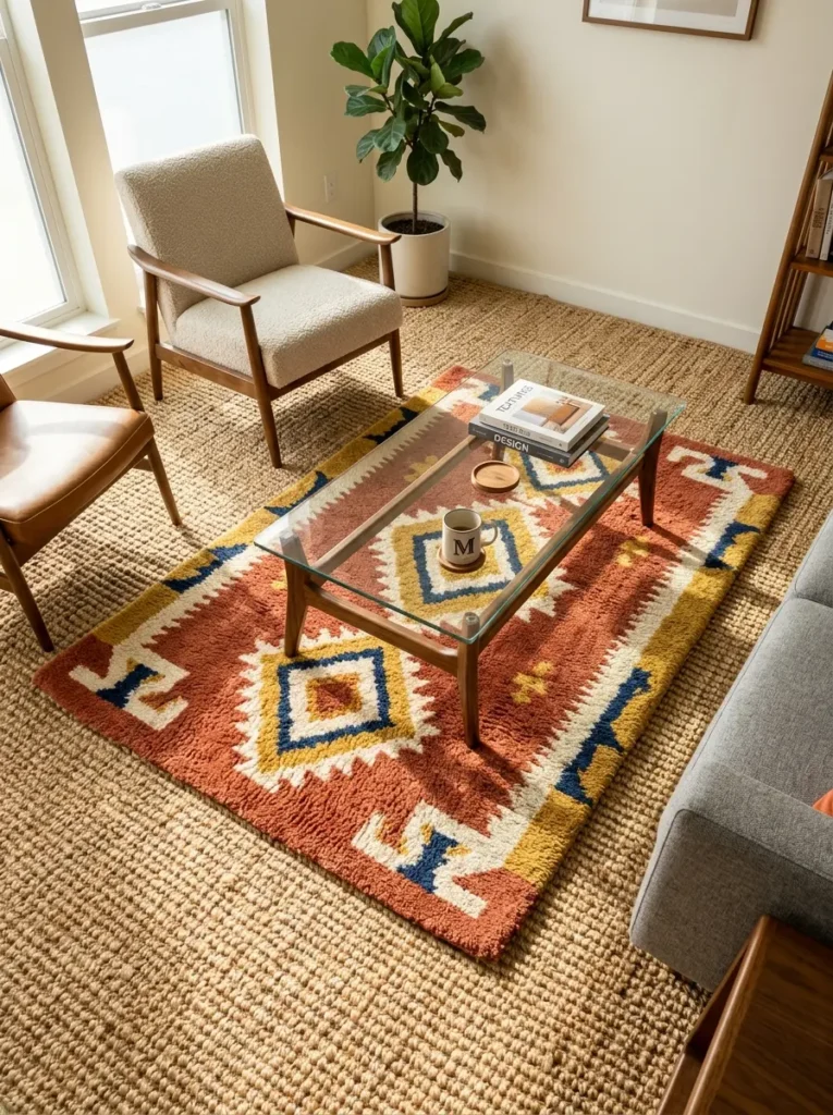 Colorful geometric wool rug layered over a large natural sisal rug