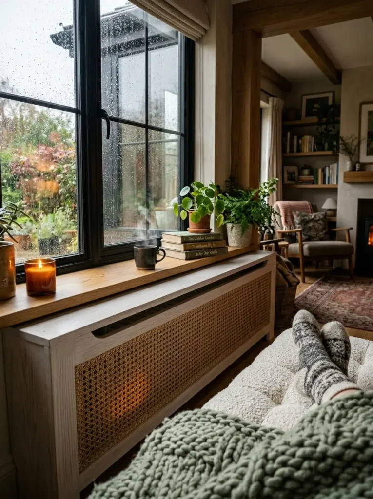Custom wooden cabinet with cane webbing hiding a radiator under a window seat.