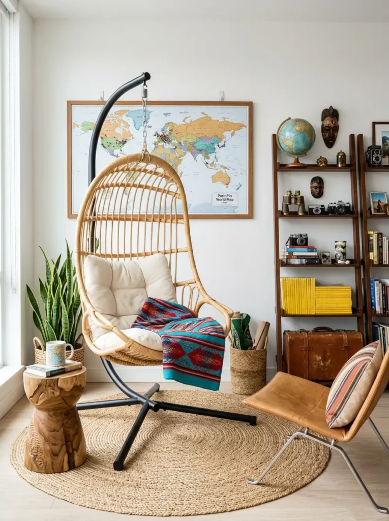 Hanging rattan egg chair on metal stand next to wooden ladder shelf displaying globes in travel themed rental apartment